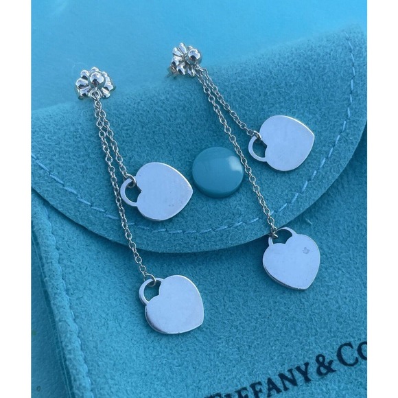 RARE Return Tiffany & Co. Silver 10mm Double Heart Dangle Drop Stud Earrings 925 - Picture 6 of 16